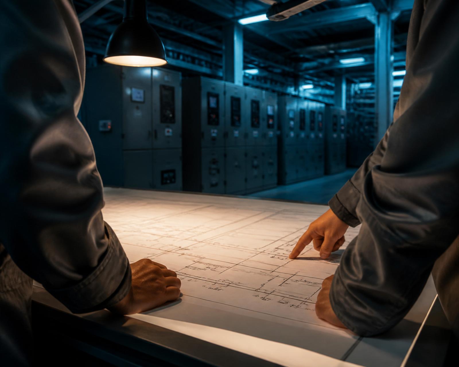 Ingénieurs EOS étudiant un schéma unifilaire dans une salle TGBT · EOS engineers reviewing a single-line diagram in a low-voltage switchboard room