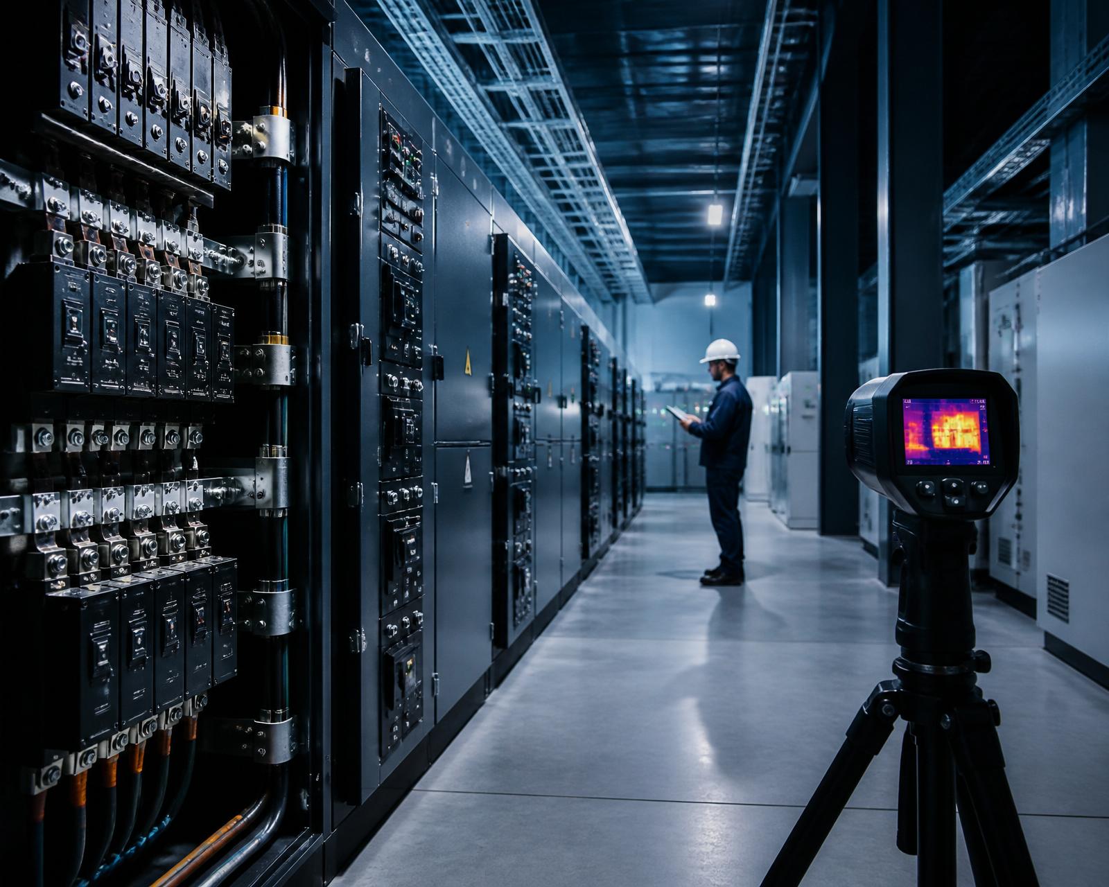 Salle de contrôle électrique en phase de mise en service, armoires de distribution et caméra thermographique · Electrical control room during commissioning, distribution cabinets and thermographic camera
